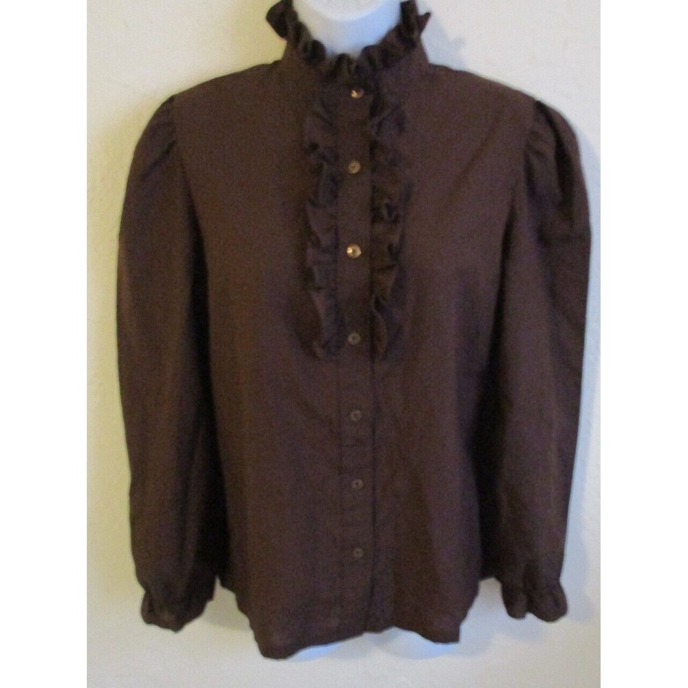 VTG Lucky Winner Blouse Size 11 / 12 Brown Ruffled High Victorian Style Neckline